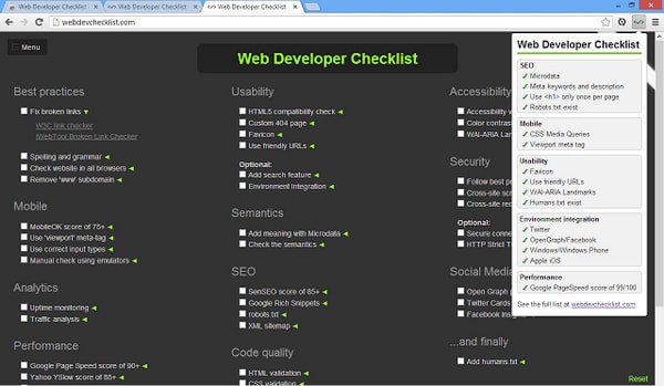 Web Developer Checklist Chrome插件